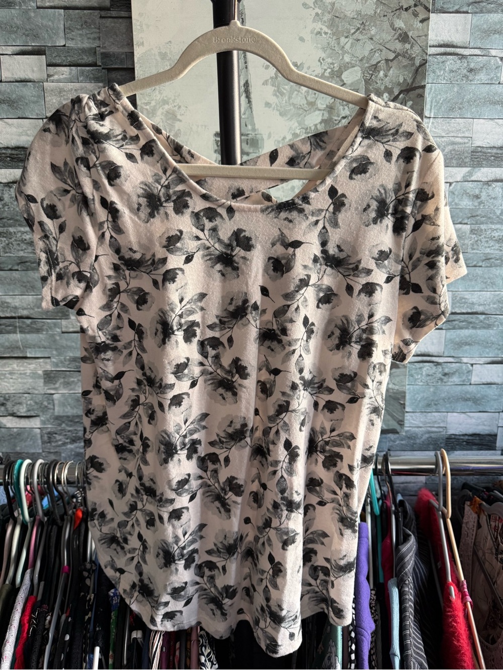 bobeau Cream Short Sleeve Floral lightweight sweater with Black Print